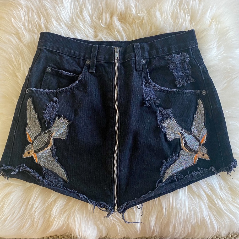 CARMAR LF Stores Zip Front Embroidered Denim Skirt
